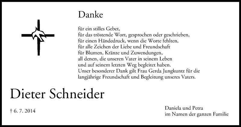  Traueranzeige für Dieter Schneider vom 15.07.2014 aus MGO
