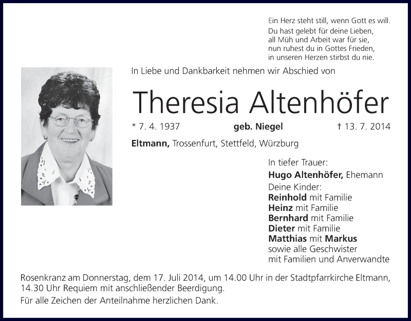  Traueranzeige für Theresia Altenhöfer vom 15.07.2014 aus MGO