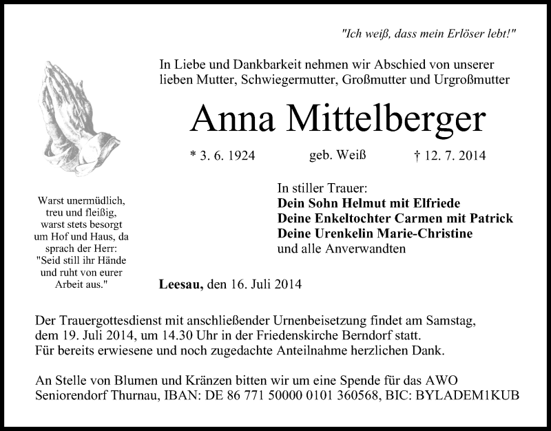  Traueranzeige für Anna Mittelberger vom 16.07.2014 aus MGO