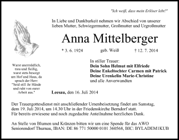 Anzeige von Anna Mittelberger von MGO