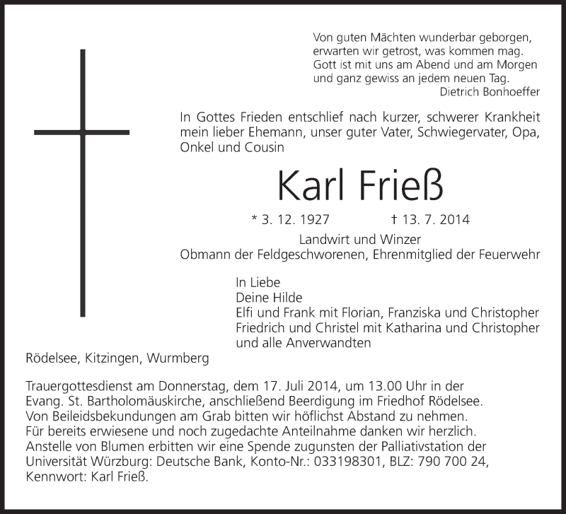  Traueranzeige für Karl Frieß vom 15.07.2014 aus MGO