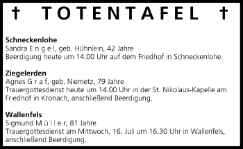 Anzeige von Totentafel vom 15.07.2014 von MGO