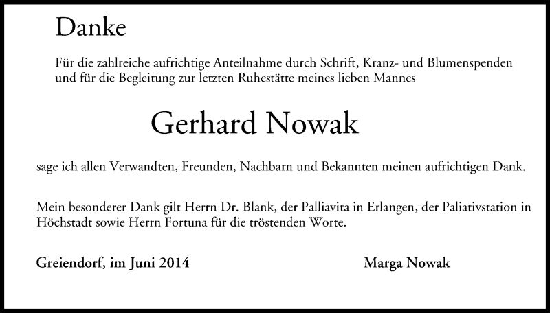  Traueranzeige für Gerhard Nowak vom 16.07.2014 aus MGO