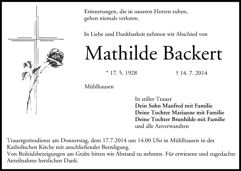  Traueranzeige für Mathilde Backert vom 16.07.2014 aus MGO