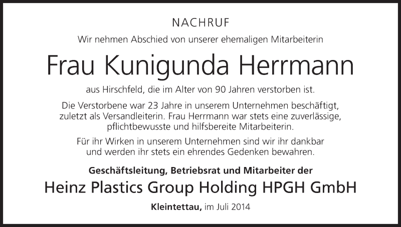  Traueranzeige für Kunigunda Herrmann vom 16.07.2014 aus MGO