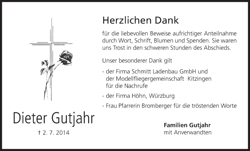  Traueranzeige für Dieter Gutjahr vom 19.07.2014 aus MGO