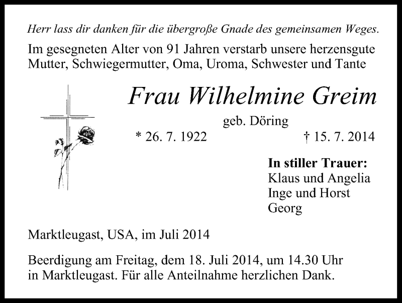  Traueranzeige für Wilhelmine Greim vom 17.07.2014 aus MGO