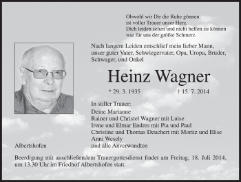 Anzeige von Heinz Wagner von MGO