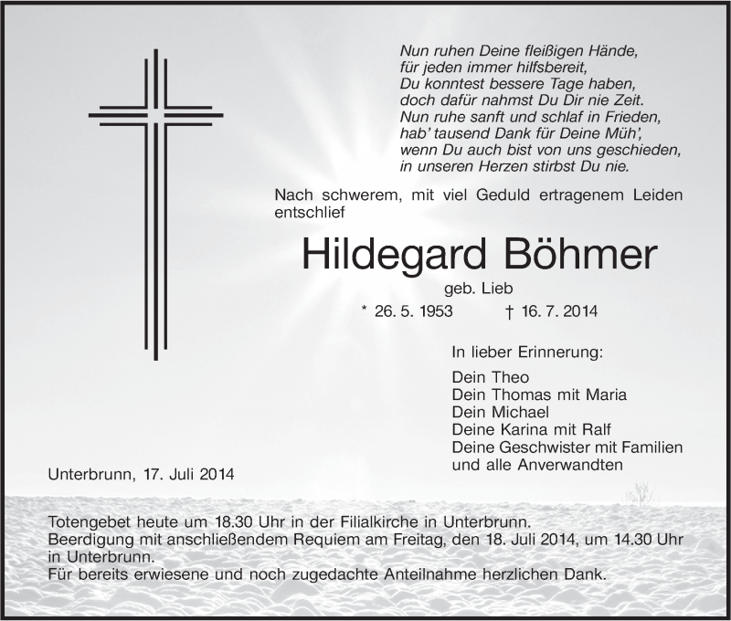  Traueranzeige für Hildegard Böhmer vom 17.07.2014 aus MGO