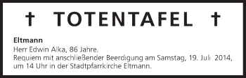 Anzeige von Totentafel vom 18.07.2014 von MGO