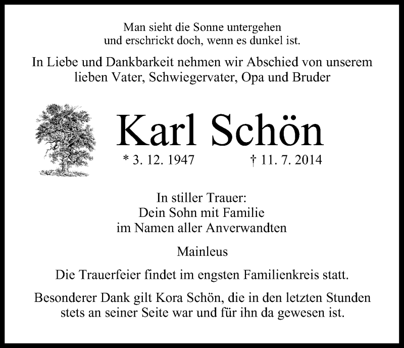  Traueranzeige für Karl Schön vom 18.07.2014 aus MGO
