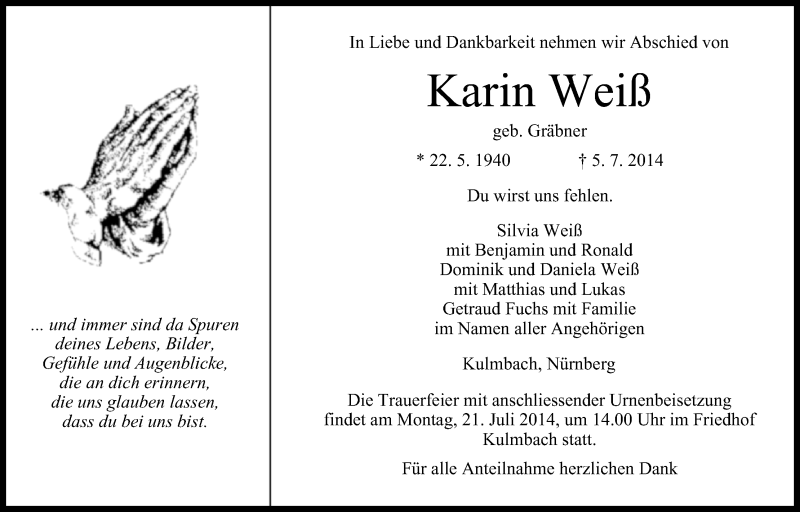  Traueranzeige für Karin Weiß vom 19.07.2014 aus MGO