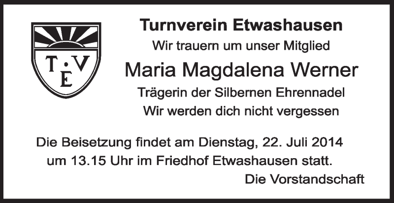  Traueranzeige für Maria Magdalena Werner vom 19.07.2014 aus MGO