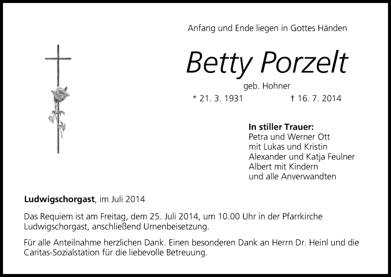  Traueranzeige für Betty Porzelt vom 23.07.2014 aus MGO
