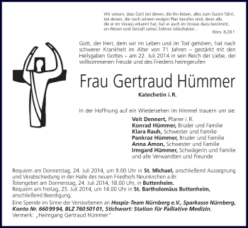 Anzeige von Gertraud Hümmer von MGO