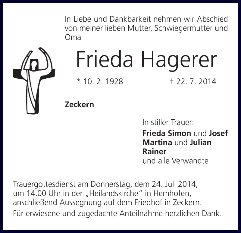  Traueranzeige für Frieda Hagerer vom 23.07.2014 aus MGO