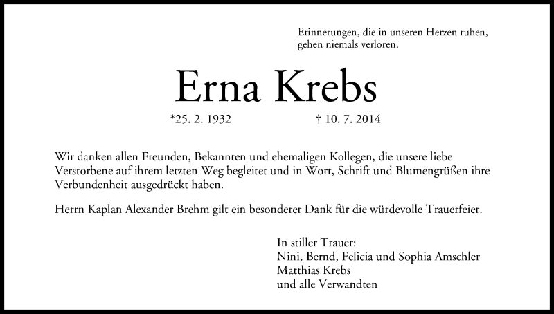  Traueranzeige für Erna Krebs vom 26.07.2014 aus MGO