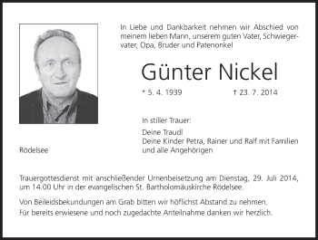 Anzeige von Günter Nickel von MGO