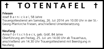 Anzeige von Totentafel vom 24.07.2014 von MGO