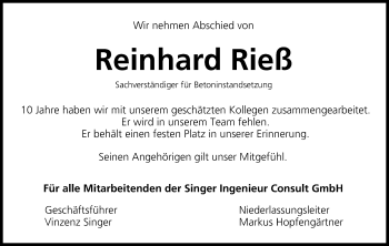 Anzeige von Reinhard Rieß von MGO