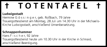 Anzeige von Totentafel vom 26.07.2014 von MGO