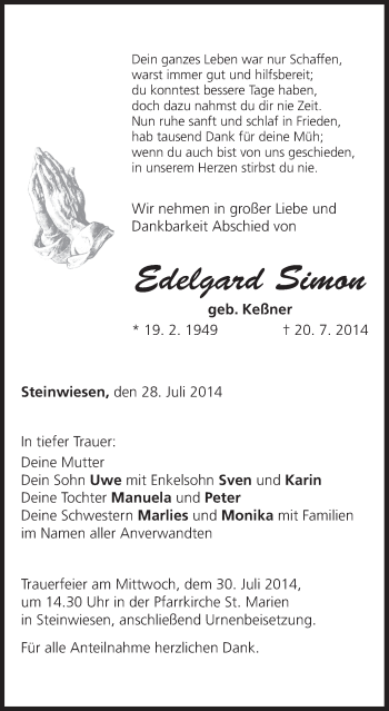Anzeige von Edelgard Simon von MGO