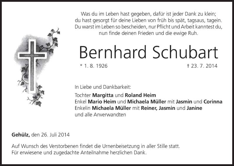  Traueranzeige für Bernhard Schubart vom 26.07.2014 aus MGO