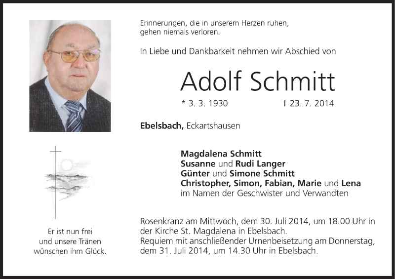  Traueranzeige für Adolf Schmitt vom 28.07.2014 aus MGO