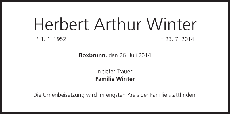  Traueranzeige für Herbert Arthur Winter vom 26.07.2014 aus MGO