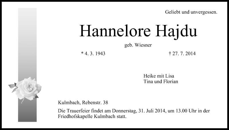  Traueranzeige für Hannelore Hajdu vom 29.07.2014 aus MGO