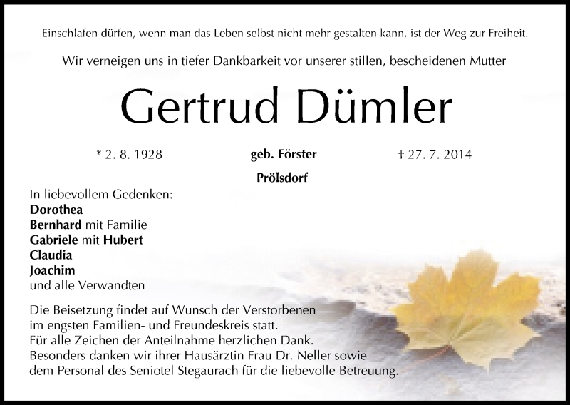  Traueranzeige für Gertrud Dümler vom 29.07.2014 aus MGO