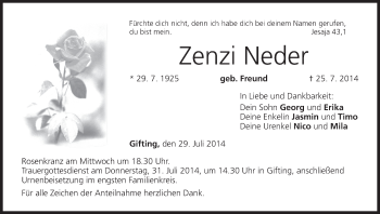 Anzeige von Zenzi Neder von MGO