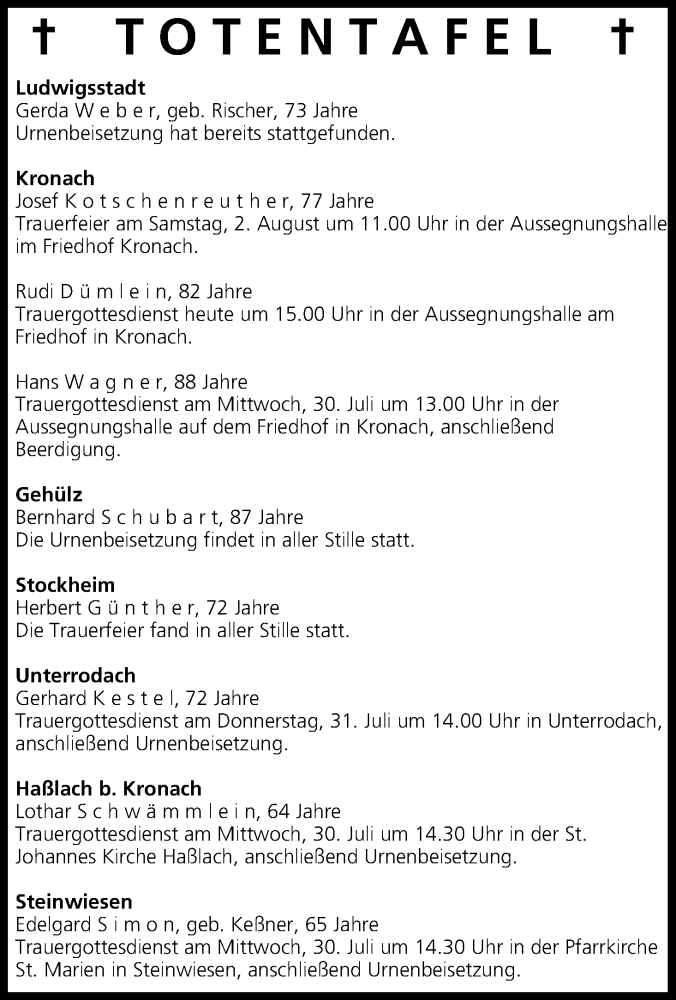 Traueranzeige für Totentafel vom 29,07.2014 vom 29.07.2014 aus MGO