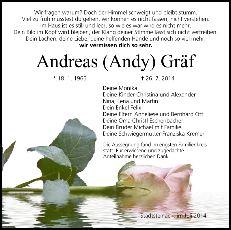  Traueranzeige für Andreas Gräf vom 31.07.2014 aus MGO