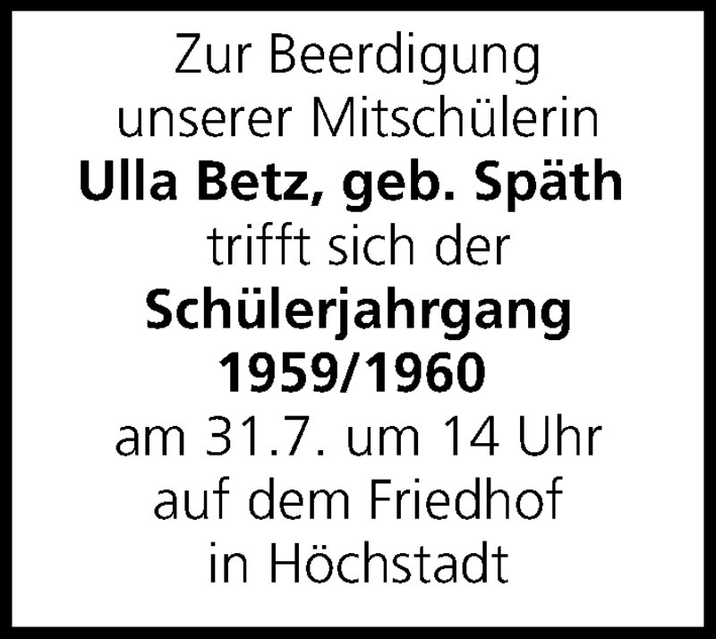  Traueranzeige für Ulla Betz vom 30.07.2014 aus MGO