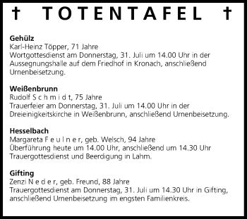 Anzeige von Totentafel vom 30.07.2014 von MGO