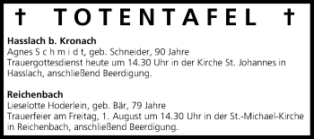 Anzeige von Totentafel vom 31.07.2014 von MGO