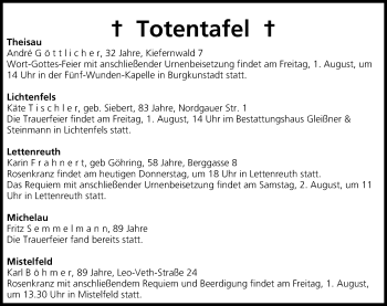 Anzeige von Totentafel vom 31.07.2014 von MGO
