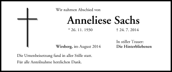 Anzeige von Anneliese Sachs von MGO