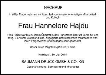Anzeige von Hannelore Hajdu von MGO