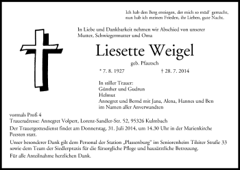 Anzeige von Liesette Weigel von MGO
