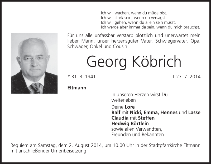  Traueranzeige für Georg Köbrich vom 31.07.2014 aus MGO