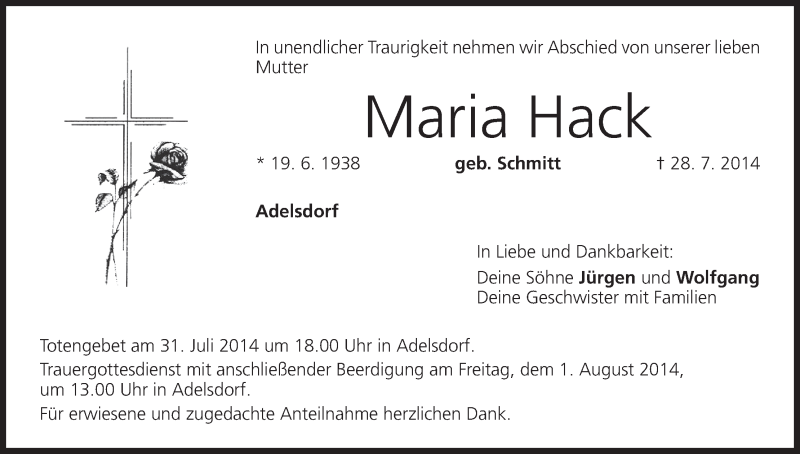  Traueranzeige für Maria Hack vom 30.07.2014 aus MGO