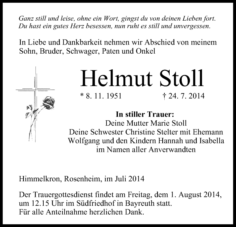  Traueranzeige für Helmut Stoll vom 31.07.2014 aus MGO