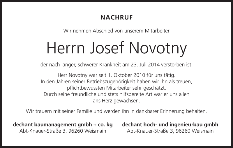  Traueranzeige für Josef Novotny vom 31.07.2014 aus MGO