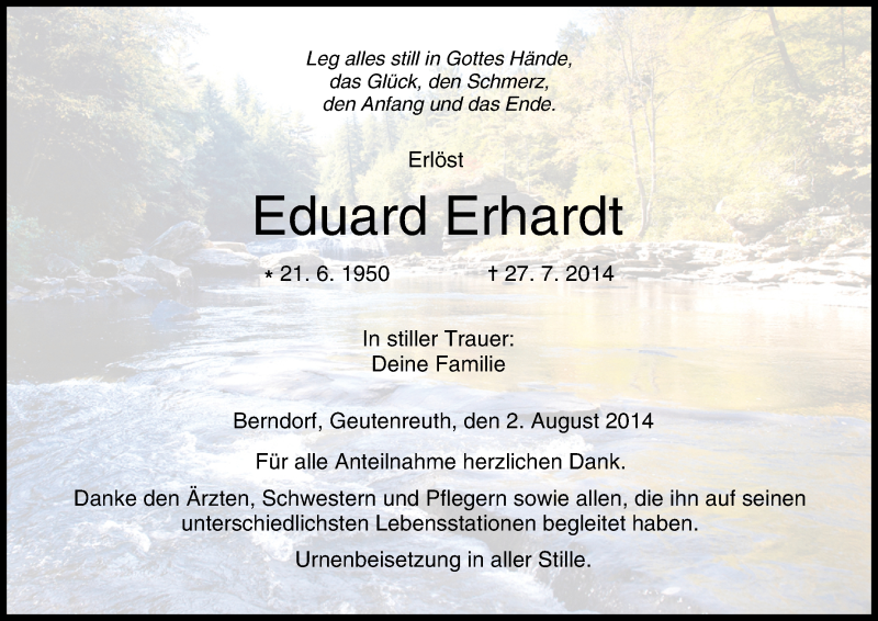  Traueranzeige für Eduard Erhardt vom 02.08.2014 aus MGO