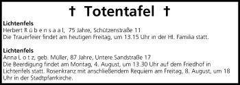 Anzeige von Totentafel vom 01.08.2014 von MGO