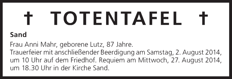  Traueranzeige für Totentafel 02.08.2014 vom 02.08.2014 aus MGO