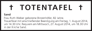 Anzeige von Totentafel vom 01.08.2014 von MGO