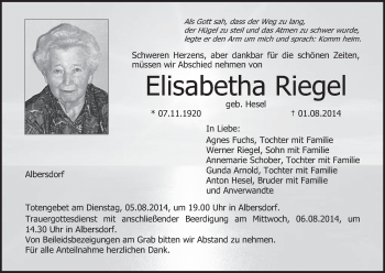 Anzeige von Elisabetha Riegel von MGO